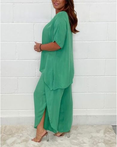 Womens Cotton Linen 2 Piece Sets Short Sleeve Loose High Low T Shirt Wide Leg Capri Pants Suit in Saudi Arabia