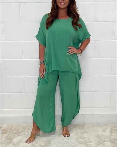 Womens Cotton Linen 2 Piece Sets Short Sleeve Loose High Low T Shirt Wide Leg Capri Pants Suit in Saudi Arabia