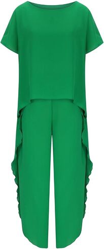 Womens Cotton Linen 2 Piece Sets Short Sleeve Loose High Low T Shirt Wide Leg Capri Pants Suit in Saudi Arabia