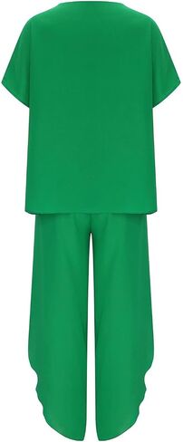 Womens Cotton Linen 2 Piece Sets Short Sleeve Loose High Low T Shirt Wide Leg Capri Pants Suit in Saudi Arabia