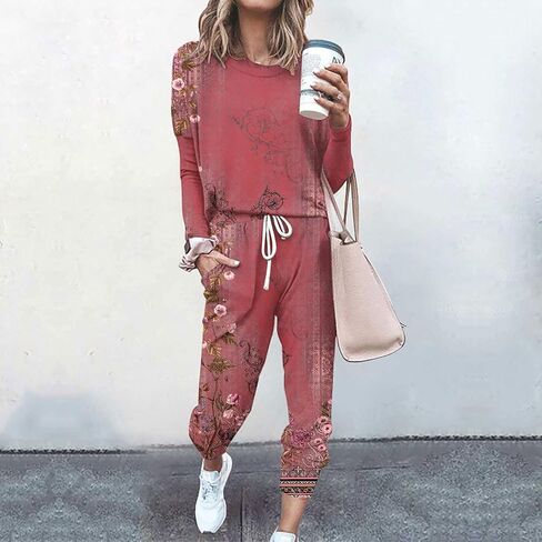 Lastesso Two Piece Loungewear Sets for Women Vintage Relaxed Fit Track Suits Csaual Size Long Sleeve Pullover Baggy Pants in Saudi Arabia