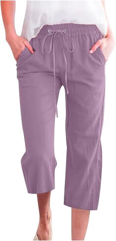 Cotton Linen Capri Pants for Women Summer High Waist Wide Leg Casual Loose Lightweight Drawstring Comfy Cropped Pants in Kuwait