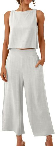 Womens Summer 2 Piece Outfits Sleeveless Button Crop Tank Top High Waist Wide Leg Pant Dressy Casual Linen Lounge Set in Saudi Arabia