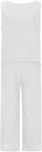 Womens Summer 2 Piece Outfits Sleeveless Button Crop Tank Top High Waist Wide Leg Pant Dressy Casual Linen Lounge Set in Saudi Arabia