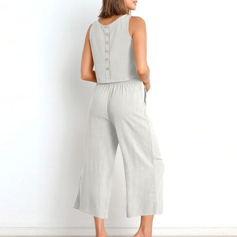 Womens Summer 2 Piece Outfits Sleeveless Button Crop Tank Top High Waist Wide Leg Pant Dressy Casual Linen Lounge Set in Saudi Arabia
