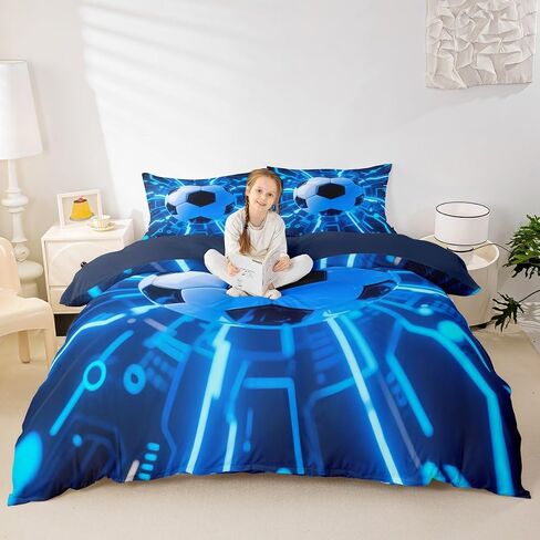Jejeloiu 3D Soccer Cofforter Cover Toddler Kids Football Fire Ball Gaming Set for Boys Girls Teens Sports Divel Cover Decor in Kuwait