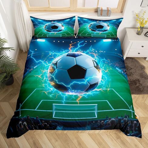 Jejeloiu 3D Soccer Cofforter Cover Toddler Kids Football Fire Ball Gaming Set for Boys Girls Teens Sports Divel Cover Decor in Kuwait