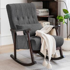 COCO DESIGN Rocking Chair Indoor, Nursery Upholstered Rocking Chair Indoor for Living Room, Modern Glider Rocker w/Pillow＆Side Pocket, High Back Padded Seat Side Armchair for Old Man(Sand)