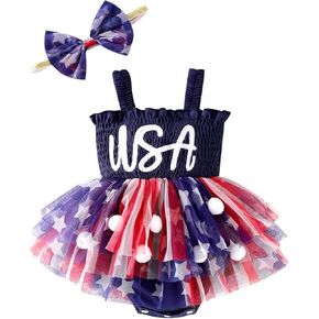 4th of July Baby Girl Outfit Newborn Romper Sleeveless Cute American Flag USA Jumpsuit Bodysuit Headband 0-18 Months