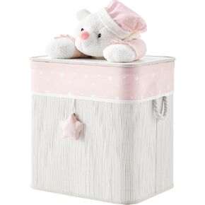 Pink/Cream Collapsible Folding Bamboo Kids Plush Laundry Hamper Toy Storage with Liner and Handles - Sleepy Teddy Bear
