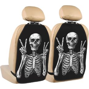 Skeleton On Black Car Seat Back Kick Protectors,2 Pack Kick Mats With Storage Pockets For Vehicles To Protect From Dirt Mud Scratches