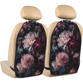 Dark Pink And Burgundy Peonies Car Seat Back Kick Protectors,2 Pack Kick Mats With Storage Pockets For Vehicles To Protect From Dirt Mud Scratches