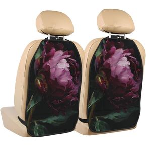Dark Burgundy Peony Car Seat Back Kick Protectors,2 Pack Kick Mats With Storage Pockets For Vehicles To Protect From Dirt Mud Scratches