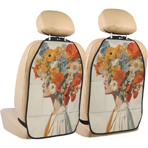 Vintage Woman Head Of Flowers Car Seat Back Kick Protectors,2 Pack Kick Mats With Storage Pockets For Vehicles To Protect From Dirt Mud Scratches