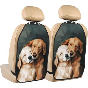 Two Golden Retriever Puppies Cuddling Car Seat Back Kick Protectors,2 Pack Kick Mats With Storage Pockets For Vehicles To Protect From Dirt Mud Scratches