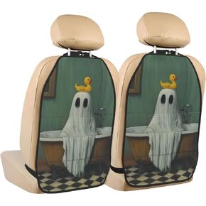 Rubber Ducky On Ghost Head Car Seat Back Kick Protectors,2 Pack Kick Mats With Storage Pockets For Vehicles To Protect From Dirt Mud Scratches