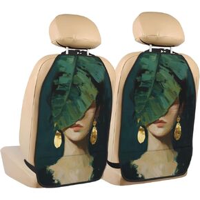 Green Leaf Covored Woman Face Car Seat Back Kick Protectors,2 Pack Kick Mats With Storage Pockets For Vehicles To Protect From Dirt Mud Scratches