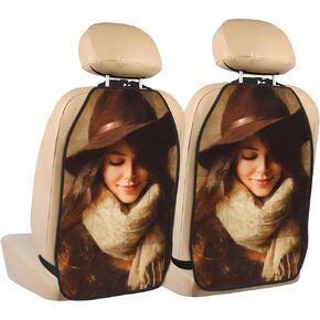 Beautiful Woman Wearing Brown Car Seat Back Kick Protectors,2 Pack Kick Mats With Storage Pockets For Vehicles To Protect From Dirt Mud Scratches