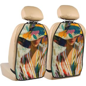 Abstract Woman Covered Hat Face Car Seat Back Kick Protectors,2 Pack Kick Mats with Storage Pockets for Vehicles to Protect from Dirt Mud Scratches