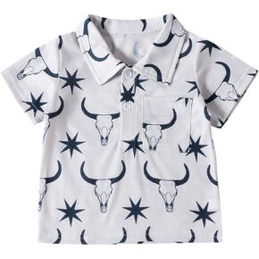 Toddler Boys Polo Shirts Short Sleeve Cotton Cow Print Tee Graphic Button Collar Lapel T-Shirt Kids Golf Tennis Top