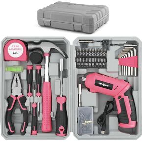 Hi-Spec 42pc Pink 4V USB Electric Power Driver & Household Tool Kit. Cordless Power Screwdriver and Hand Tools in a Compact Box Case