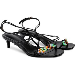 Kitten Heel Sandals for Women Ankle Strap Strappy Beaded Peral Mid Heel Round Open Toe Casual Vacation Beach Daily Shoes