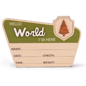 Hello World Wooden Baby Birth Announcement Sign – Forest Badge Design with 3D Lettering – Baby Stats Board for Newborn Photo Prop or Nursery Decor
