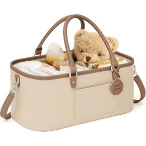 Waterproof Vegan Leather Baby Diaper Caddy Organizer for Changing Table, Baby Storage Basket for Diapers and Baby Wipes, Gift for Baby Shower, Car Caddy Organizer, Beige Basket