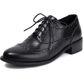 Women's Leather Wingtip Low Chunky Heel Oxfords Vintage Lace-Up Comfort Brogue Saddle Shoes Casual Breathable Business Dress Work Shoes in Kuwait