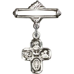 Sterling Silver Baby Badge with 4-Way Charm and Polished Badge Pin 1 X 5/8 inches