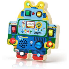 JoyCat Robot Busy Board with Led Light, Toddler Toys for 1 2 3 4 Year Old Boys and Girls, Wooden Sensory Toys with Voice Recording, Travel Toy for Toddlers 1-3, Birthday Presents