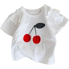 Babies, Toddlers, and Girls' Ruffle Short-Sleeve Tee Shirts Clothes Cotton Tee Printed Tops Trendy Spring Summer Shirts White