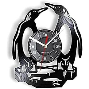 Round Wall Clock 12 Inchs South Pole Penguins Wall Clcok Made of Real Vinyl Record Iceworld Polar Animal Wall Watch Non-Ticking Kids Nursery Decorative Gift