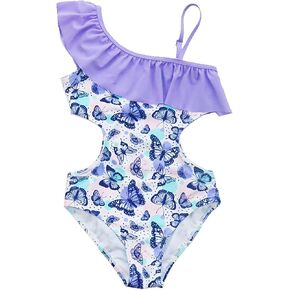 Moonker Bathing Suits Kids Girls Beach Swimwear Trim Ruffle Cut Out Butterfly Print Cover Up Baby Polyester