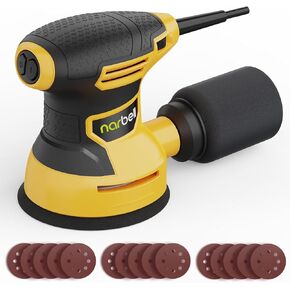 Orbital Sander 3.2A (380W) with Bag, 14000RPM Max 6 Variable Speeds Random Orbit Sander, 5" Palm Sander Tool with 15pcs Sanderpapers, Dust Bag for woodworking, Red