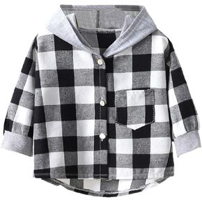 Unisex Boys Sherpa Fleece Lined Flannel Plaid Button Down Shirt Jacket, Hooded Flannel Shirt Outwear with Pockets