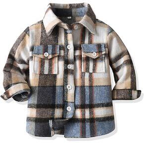 Unisex Boys Kids Long Sleeve Button Down Plaid Shirts Fall Winter Flannel Shacket Jackets Tartan Tops Outwears