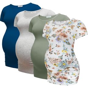 Bearsland 4 Pack Women's Maternity Shirts Crew Neck Maternity Top Short Sleeve Side Ruched Pregnancy Clothes