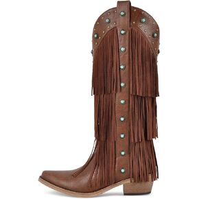 sexytag Women's Fringe Western Cowboy Boots with Tassals Turquoise Studs Pointed Toe Cowgirl Knee High Boots