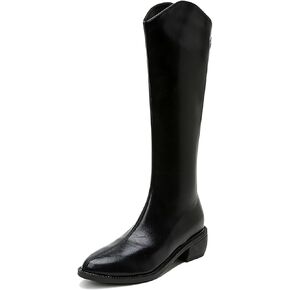 Women's leather low heel High Boots Fashion Round Toe Back zipper Chunky heels Biker boots for office Parties prom Dress Boots