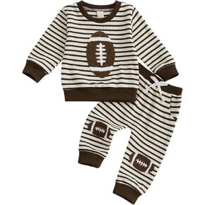 Toddler Baby Boy Fall Outfit Football Clothes Waffle Knit Rugby Striped Long Sleeve Sweatshirt Pants Set