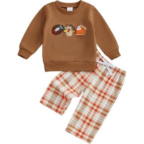 Toddler Baby Boy Thanksgiving Outfit Football Turkey Pumpkin Pie Crewneck Sweatshirt and Plaid Pants Set Fall Clothes