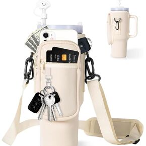 حقيبة حامل زجاجة ماء CarryNext مع جيب الهاتف لـ Stanley ، حقيبة حامل زجاجة ماء Neoprene مع حزام قابل للتعديل مع غطاء القش وملحقات Carabiner