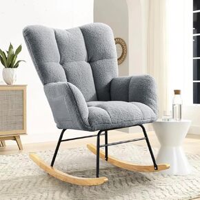 Nursery Rocking Chair Modern Upholstered Teddy Fabric Glider with Padded Seat，Wood Leg, Armchair and Pocket for Living Room Bedroom Balcony Offices,Pink