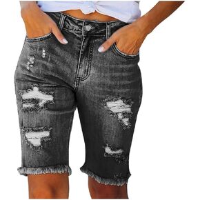 Women Distressed Washed Denim Jean Short Ripped Knee Lenght Denim Shorts Mid Waist Stretchy Frayed Jean Shorts