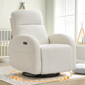 Swivel Recliner Rocker Nursery, Chenille Nursering Glider Recliner, Manual Swivel Rocking Reclining Single Sofa with Double Pockets for Living Room, Cream White