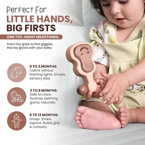 عربات Hippotoys يدويًا خشبيًا خشبيًا ، لعبة Beaby Baby Conthing - حشرجة الطفل الممتازة لمدة 6-12 شهرًا مع الخشب الطبيعي بنسبة 100 ٪ - حشرجة الموت التفاعلية Montessori للتنمية الحسية - هدية مثالية للحديدين الجدد in Kuwait