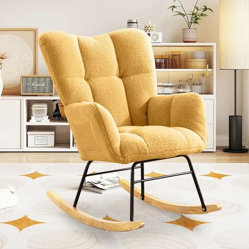 Nursery Rocking Chair Teddy Upholstered Padded Seat Rocking Chair High Backrest Glider Accent Chair for Bedroom Office Living Room (Pink) in Saudi Arabia