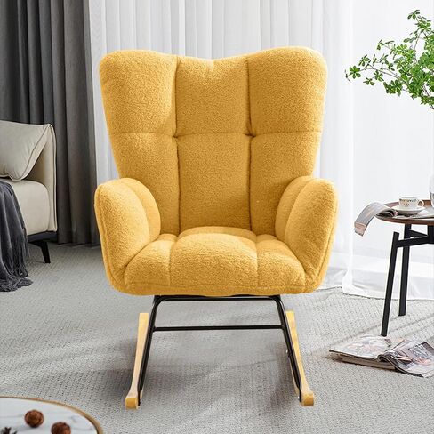 Nursery Rocking Chair Teddy Upholstered Padded Seat Rocking Chair High Backrest Glider Accent Chair for Bedroom Office Living Room (Pink) in Saudi Arabia