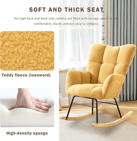 Nursery Rocking Chair Teddy Upholstered Padded Seat Rocking Chair High Backrest Glider Accent Chair for Bedroom Office Living Room (Pink) in Saudi Arabia